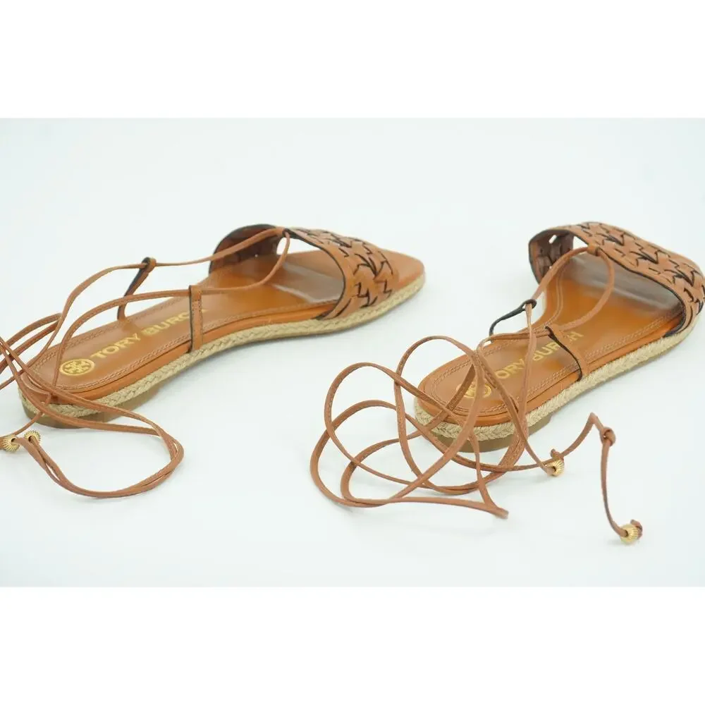 Tory Burch Basketweave Woven Ankle Wrap Espadrille Sandal Size 8 Tie Strap $245